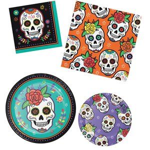 Dia De Muertos Day of the Dead 68 Ct Halloween Paper Plates, Napkins, Treat Bags